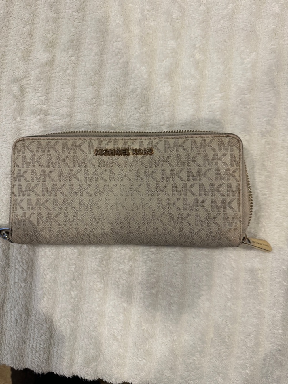 Michael Kors Beige Monogram Zip Wallet with Gold Logo